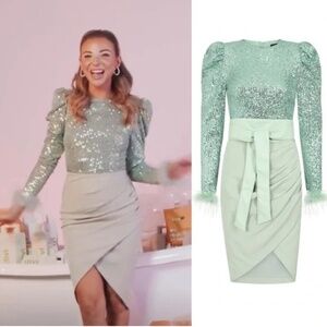 Lavish Alice Sequin Feather Embellished Midi Dress Sage Green